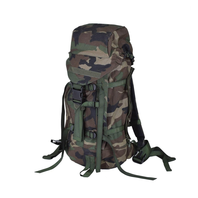 Dutch military woodland camouflage daypack backpack 40L with padded straps and quick-release buckles for hiking and camping.
