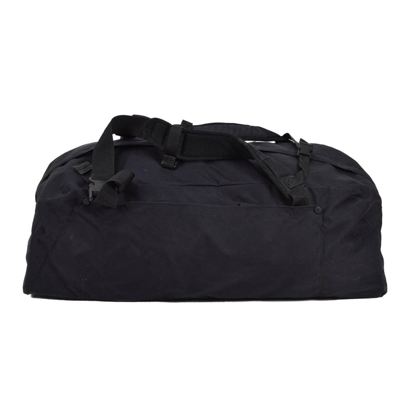 Black original Dutch military duffle bag with padded shoulder straps and durable rugged fabric for travel and sports use