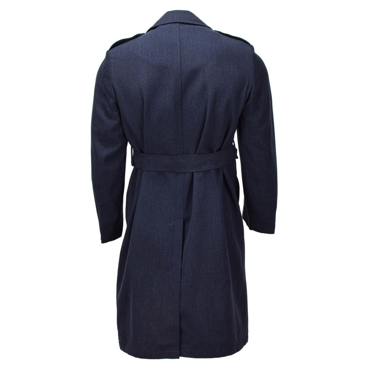 Originele Nederlandse militaire formele kledingjas met dubbele rij knopen en riem blauw