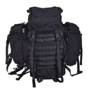 Original Dutch military large black backpack with detachable side pouches and sturdy straps for camping and hiking.
