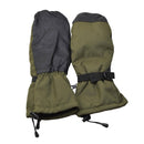 Original Dutch military special forces winter mittens in olive green, waterproof with leather palms and elbow-length protection.