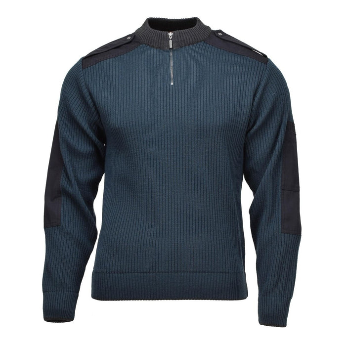Blauwe origineel Nederlandse militaire wolmix ribgebreide troyer pullover met kwartrits en verstevigde ellebogen.