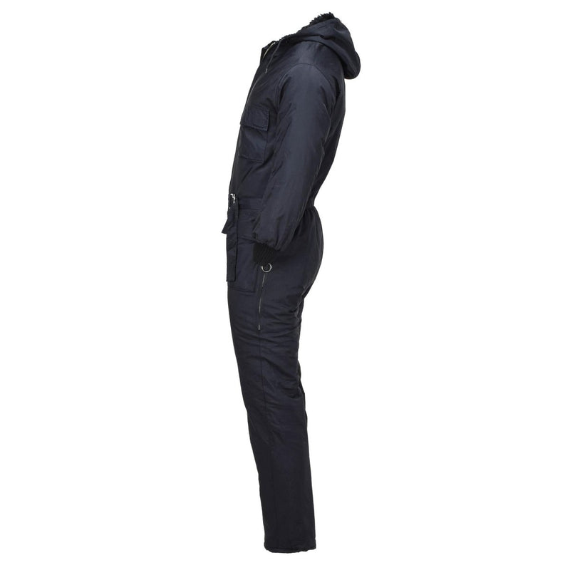 Side view of black Dutch military winter coverall with faux fur hood and multiple pockets for outdoor use