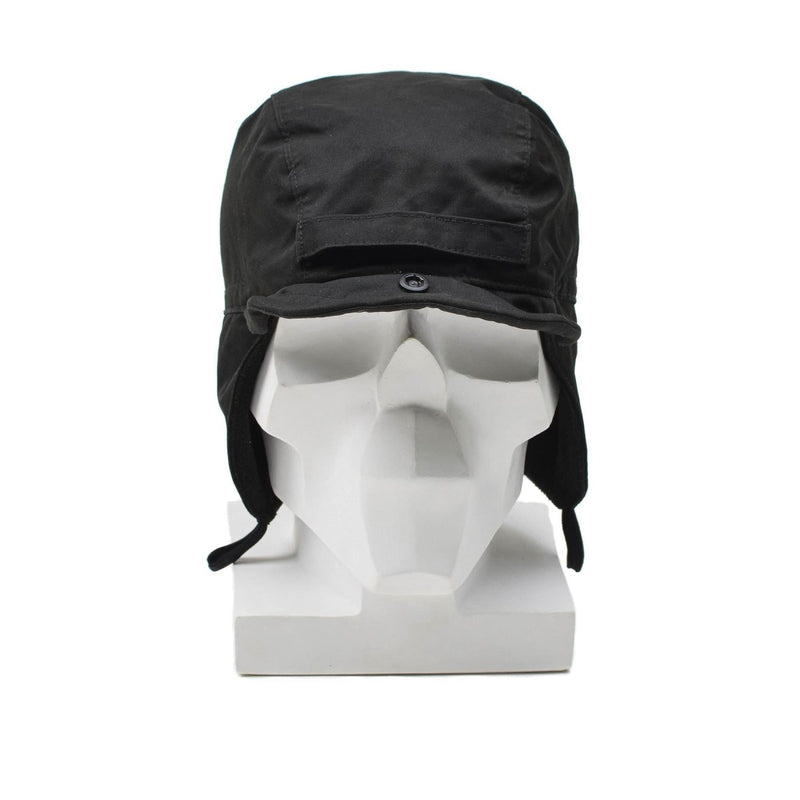 Black Dutch paratrooper hat with ear flaps and brim, windproof and durable winter cap on white mannequin head