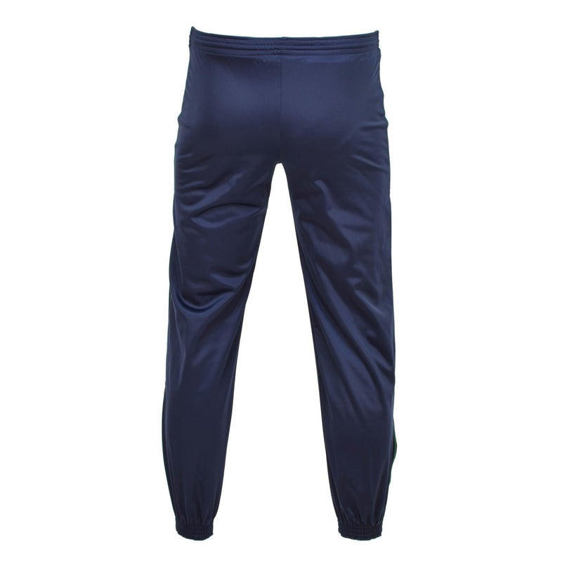 Back view of navy blue Original French Army training jogger pants with elastic cuffs and adjustable waistband.