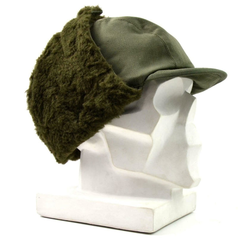 Original French army winter hat with fold-down earflaps, olive green insulated paratrooper cold weather field cap