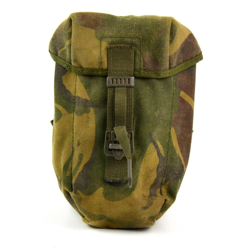Original British Army woodland camo waist pouch with quick-release buckle for carrying water bottle or canteen securely.