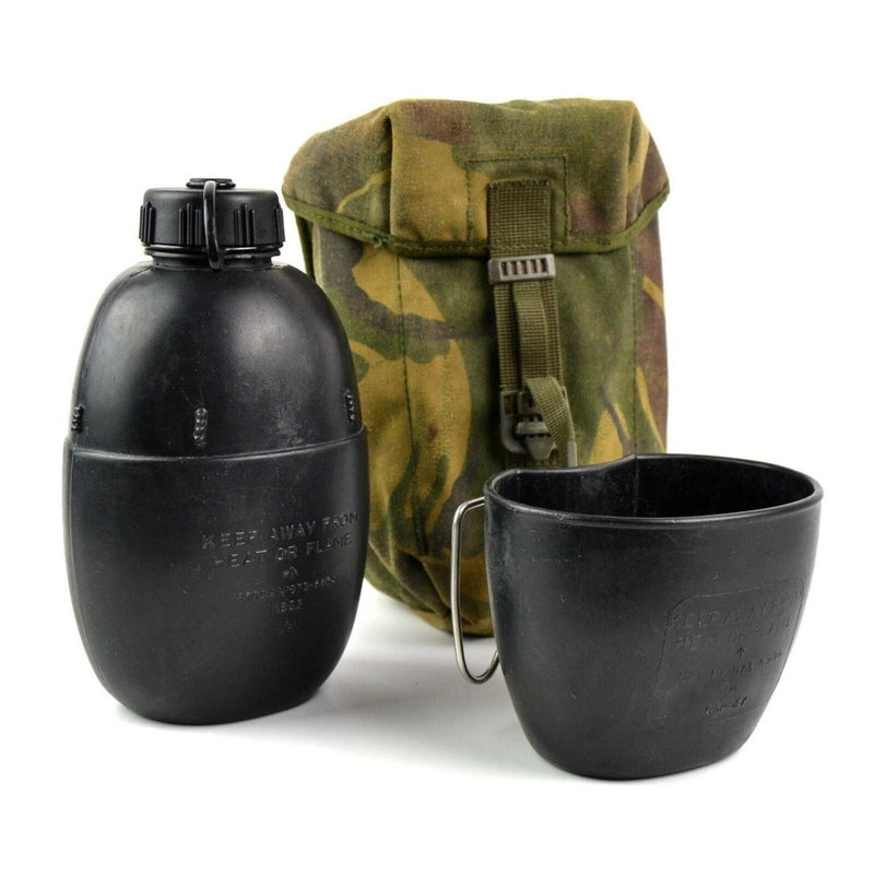 Original British Army canteen set with black water bottle, mug, and woodland camo pouch for outdoor use