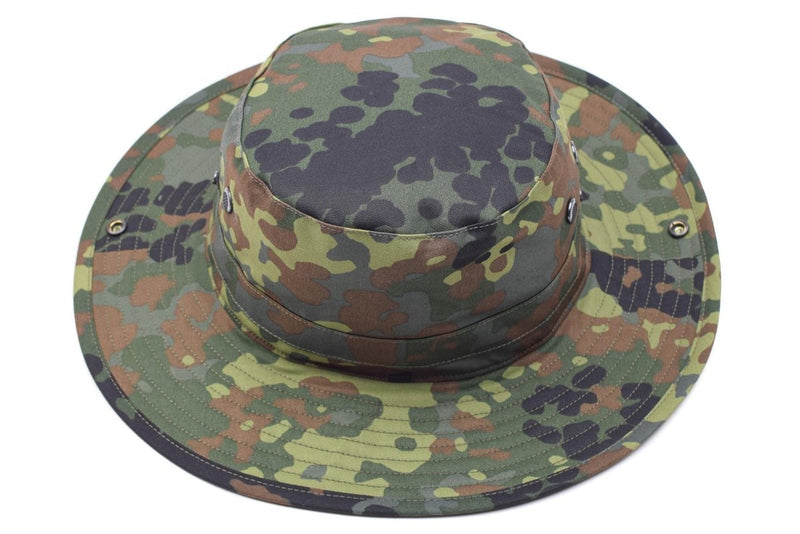 Original German Army Flecktarn boonie hat with wide brim and ventilation holes, ideal for outdoor, hunting, and military use