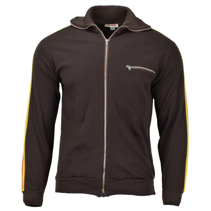 Bruin Origineel Duits leger NVA sportjack met volledige ritssluiting, gestreepte mouwen en elastische manchetten en taille.