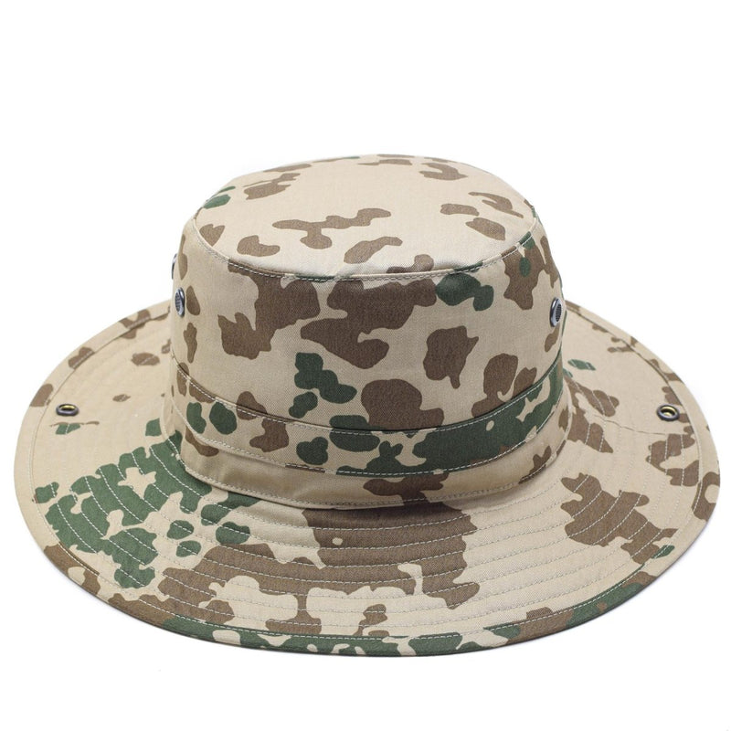 Original German Army tropical camo boonie hat with wide brim for sun protection and ventilation holes for outdoor use