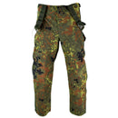 Original German army GoreTex Flecktarn bib and brace rain trousers with camouflage waterproof fabric and adjustable straps