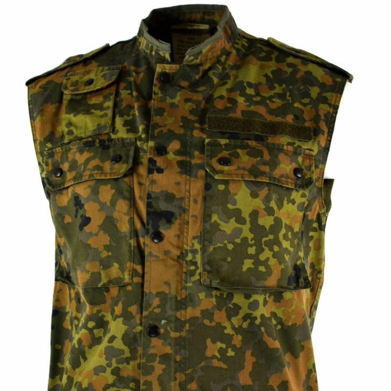 Original German Army Flecktarn camo tactical vest with zip, multiple pockets, durable and designed for outdoor use.