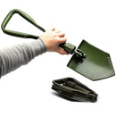 Hand holding unfolded green military folding shovel with folded shovel on white background