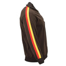 Original German military NVA brown vintage tracksuit jacket with red and yellow stripes on sleeve, rib-knit cuffs and waist