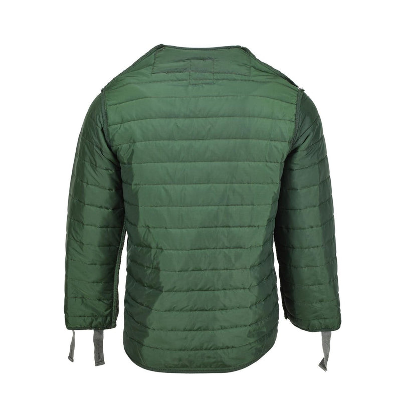 Original Greek military M65 green quilted liner jacket with long sleeves and adjustable front ties for warmth and durability