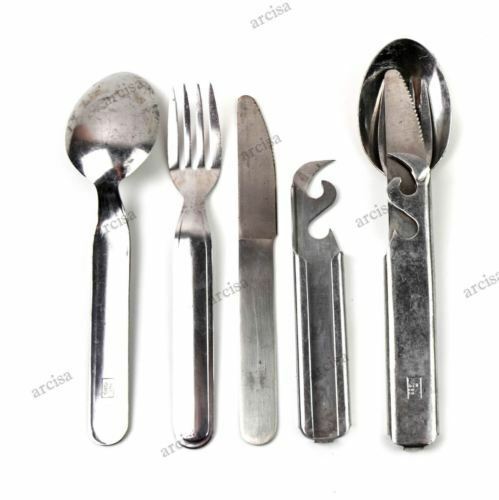 Original Hungarian military 4-piece cutlery set with spoon, fork, knife, and can opener in stainless steel for outdoor use.