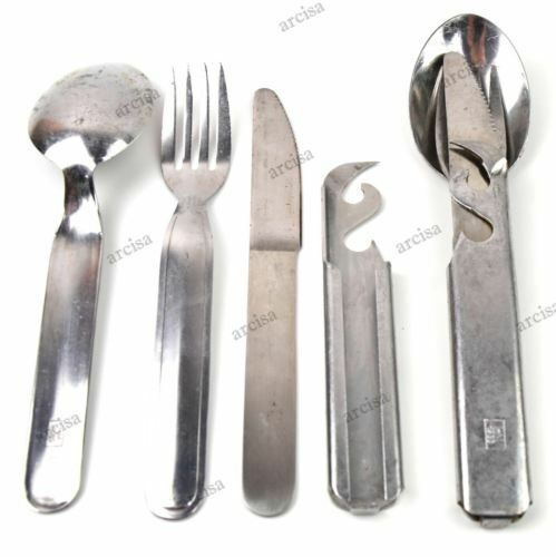 Original Hungarian military cutlery set of stainless steel spoon, fork, knife, and can opener for outdoor use.