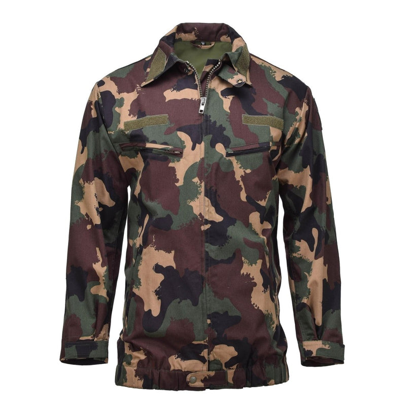 Hungarian military M1990 jacket in four-color woodland camouflage with zip front and multiple storage pockets.