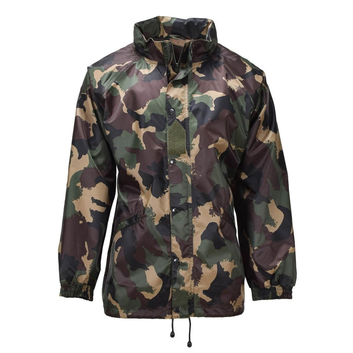 Origineel Hongaars militair waterdicht jack met oprolbare capuchon en knoopflap M93 Camo in duurzame militaire overtollige kampeeruitrusting