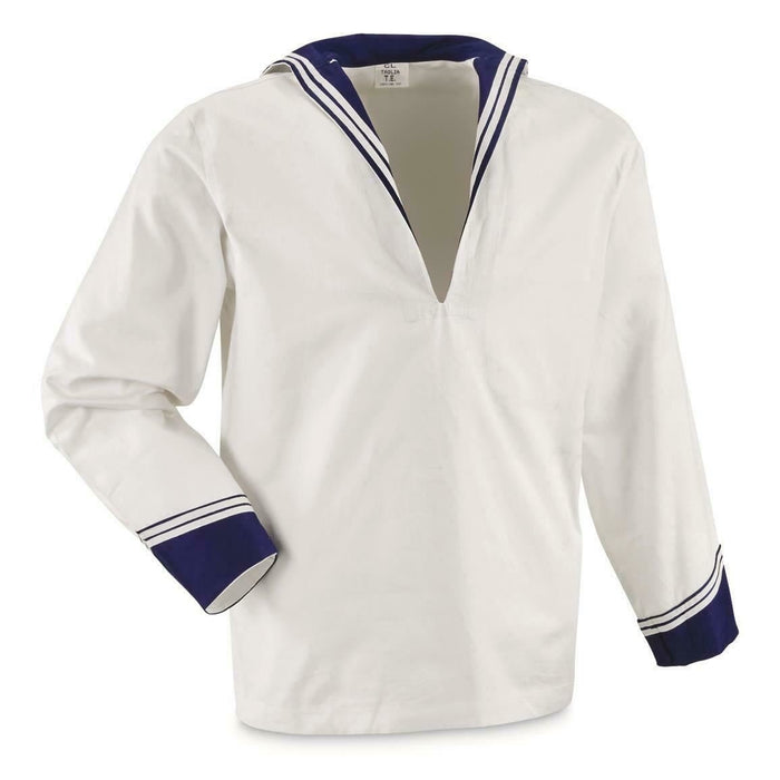 Wit Italiaans marineblauw middy overhemd met lange mouwen en traditionele matrozenkraagdetails in marineblauw