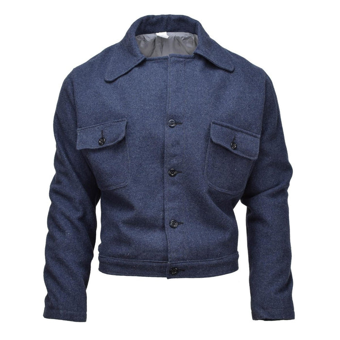 Origineel Italiaans leger vintage blauw wollen jasje in Ike-stijl met zakken met knopen en een uniform ontwerp met getailleerde pasvorm