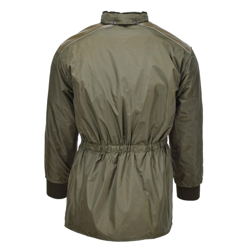 Back view of original Italian Military Air Forces olive rain jacket with elastic waist and cuffed sleeves