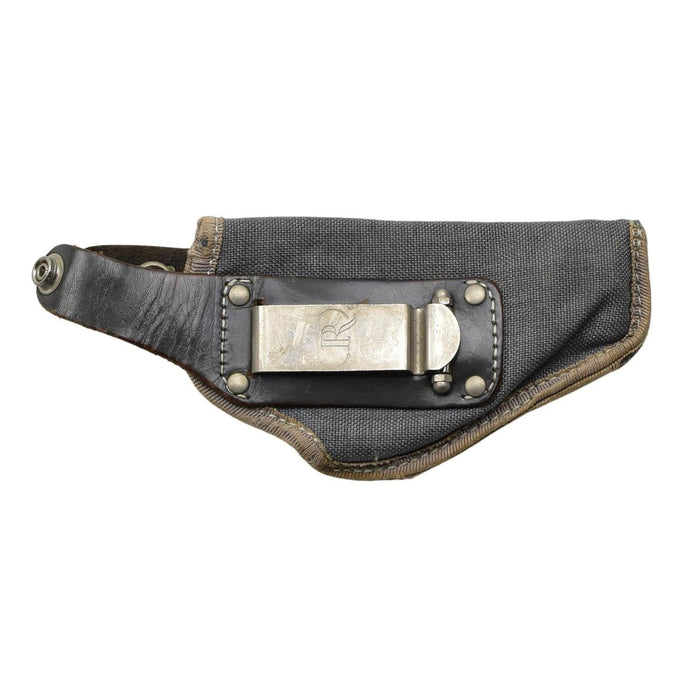 Grijze originele Italiaanse militaire nylon pistoolholster met drukknoopsluiting en metalen riemclip.