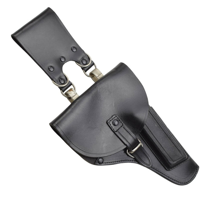 Authentiek Italiaans militair zwart leren pistoolholster met gespsluiting en metalen riemlussen, rechtshandig ontwerp.