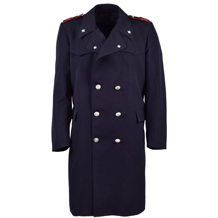 Vintage originele Italiaanse militaire politie trenchcoat met zilveren knopen en rode epauletten, marineblauwe lange carabinieri jas.