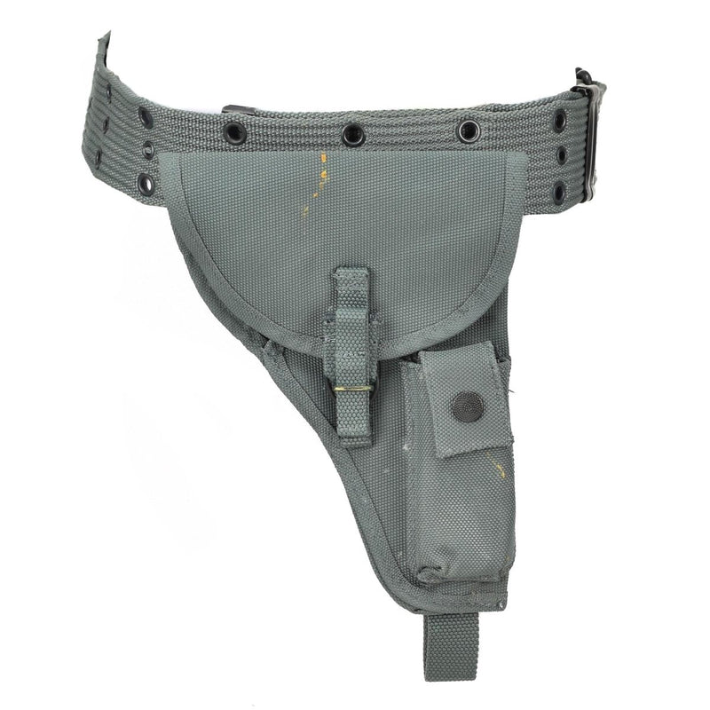 Original Italian police pistol holster and ammo pouch belt system in durable gray fabric with secure closures and adjustable waist strap.