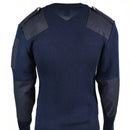 Dark blue Italian military pullover V-neck sweater with reinforced elbows and shoulders, wool blend for durability and warmth.