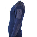 Dark blue Italian military wool pullover sweater with V-neck, reinforced elbows, shoulders, and sleeve pen pocket.