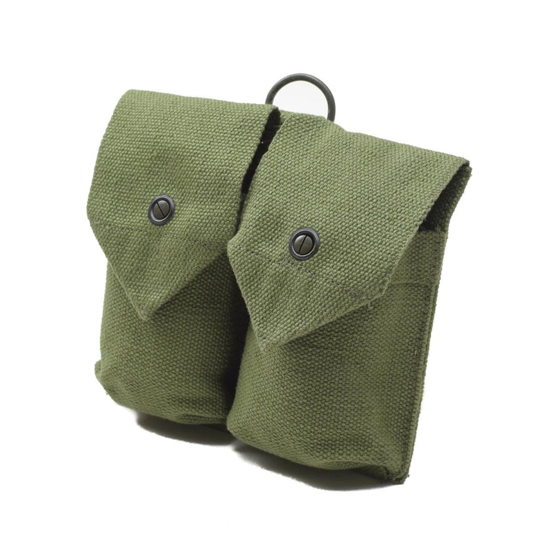 Original Norwegian army vintage double ammo pouch made of durable green canvas with two compartments and snap closures.