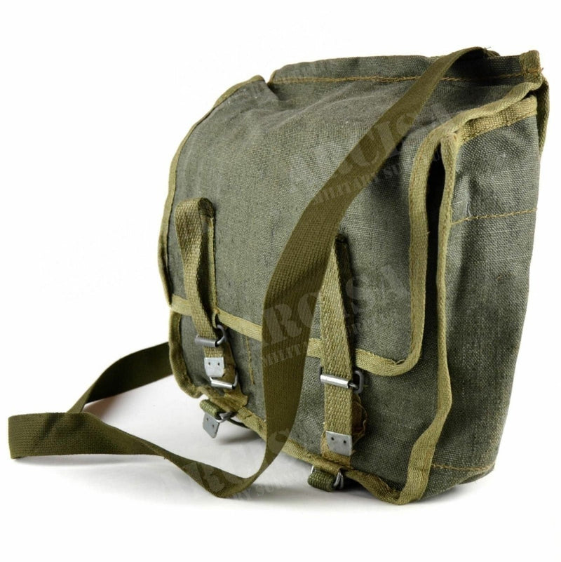 Original Polish army canvas shoulder bag in olive green with adjustable strap and metal buckles, durable and vintage style.