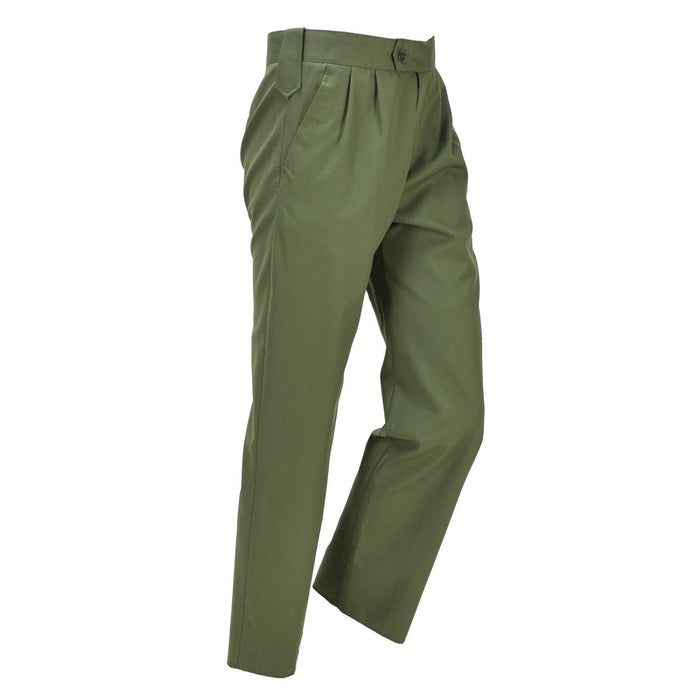 Originele Poolse militaire kledingbroek Duurzame veldbroek Army OD Green weergegeven in een schone vierkante studio-opnamehoek