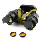 Original Romanian army IOR 7x40 binoculars with rubber coating, lens covers, and green strap for military use.