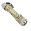 Tactical flashlight with sand-colored body and visible brand logo on a white background