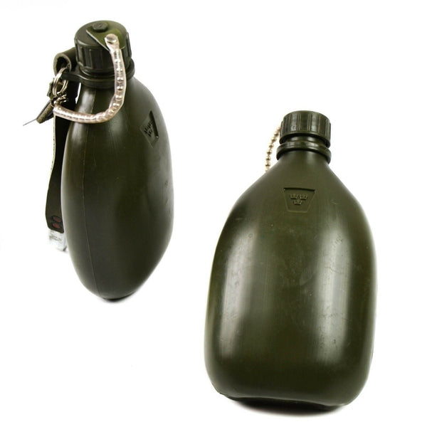 Swedish army olive-green military water bottle with screw cap and webbing belt attachment for outdoor use.