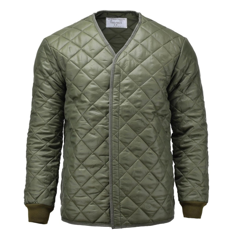 Original Swedish army olive green quilted military parka liner jacket for added winter insulation and warmth