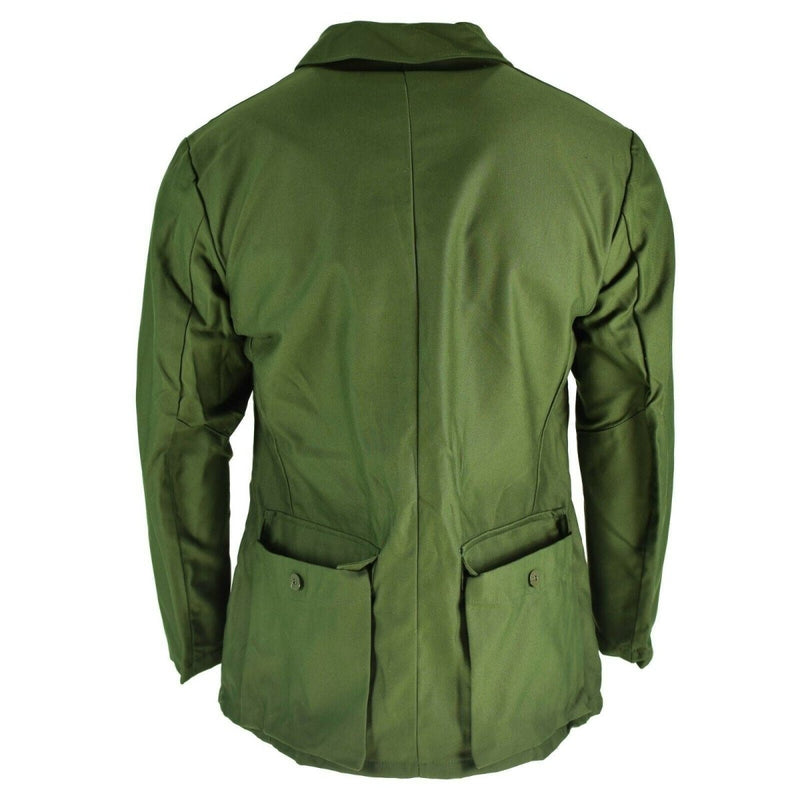 Back view of original Swedish army M59 green military field combat jacket with buttoned rear pockets