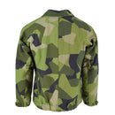 Back view of Original Swedish army M90 splinter camouflage jacket in green, beige, and black for combat and outdoor use