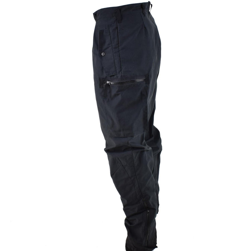 Black Swedish Army M90 thermal combat trousers with zipper and button pockets, designed for warmth and durability in cold weather.