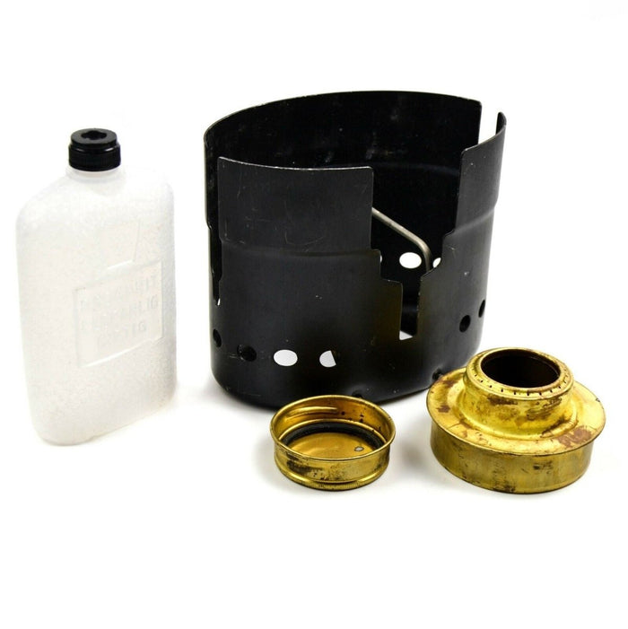 Originele Zweedse leger Trangia SVEA spiritusbrander kampeerkachel met koperen brander, kachelbasis en plastic brandstofflesset