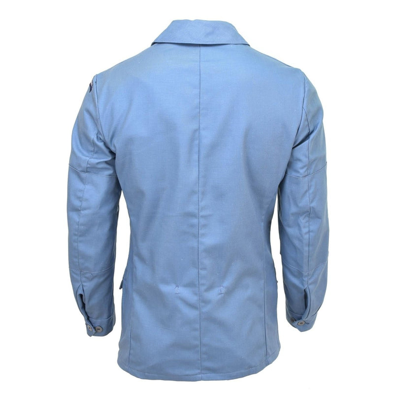 Back view of original Swedish Civil Defense light blue denim vintage jacket with long sleeves and button cuffs
