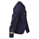 Original Swedish military navy dress shirt in blue with anchor patch and gold-striped cuffs, formal naval style garment.