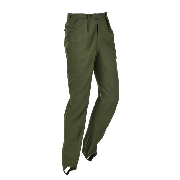 Originele Zweedse militairgroene formele broek met geplooide voorkant en stijgbeugelontwerp voor duurzaamheid en stijl.
