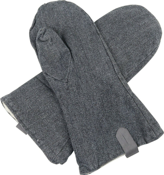 Originele Zwitserse leger denim grijze wollen wanten met warme voering en duurzaam buitenmateriaal voor bescherming tegen koud weer.