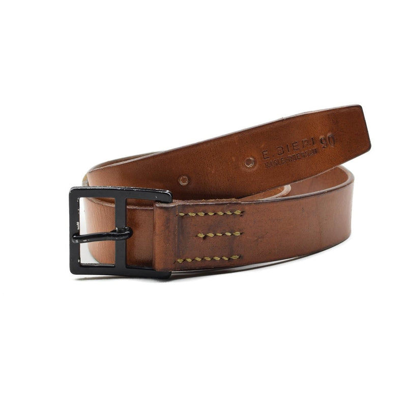 Original vintage Swiss Army genuine brown leather belt with black metal buckle and classic stitching detail