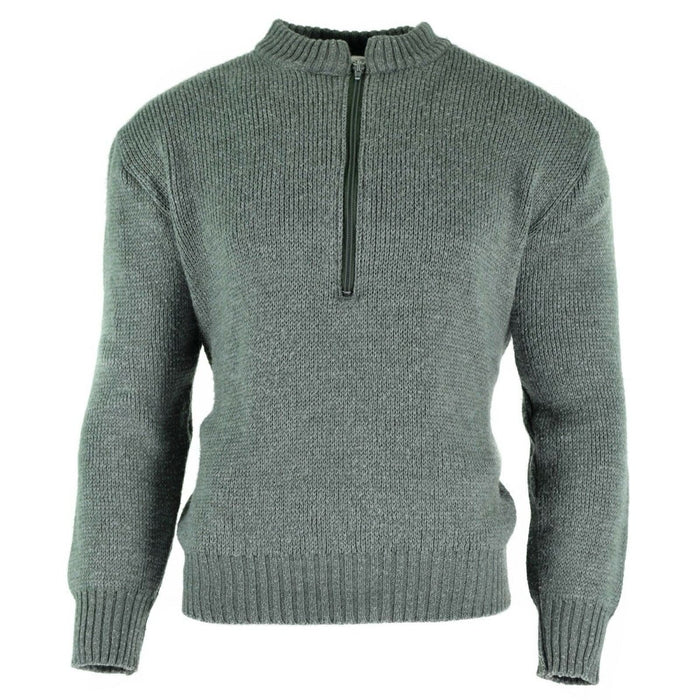 Originele Zwitserse legerpullover M74 grijze scheerwollen trui met kwartrits, elastische manchetten en tailleband voor warmte en duurzaamheid